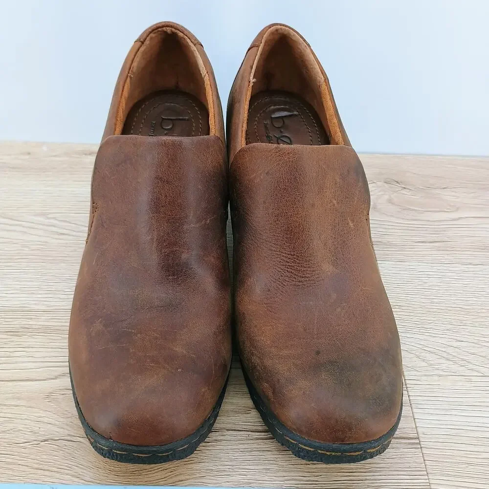 Boc Born Heeled Shoe Womens 8 Brown Leather Slip On Block Heel Comfort Shoes